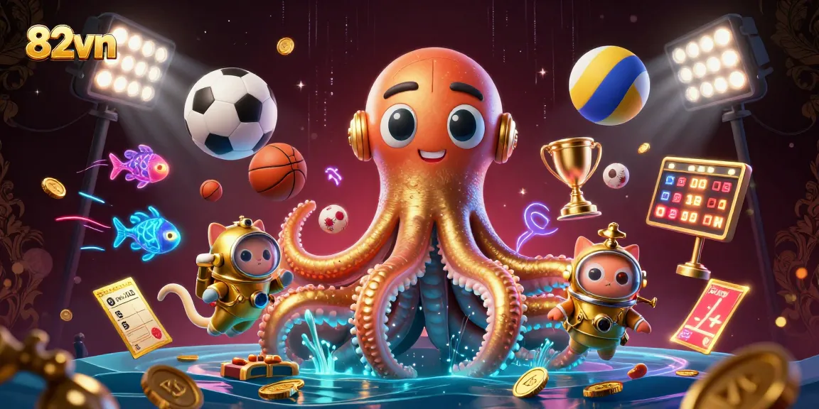 Engage with thrilling gameplay at 82vn, featuring a kraken and diving cat in a vibrant casino scene.
