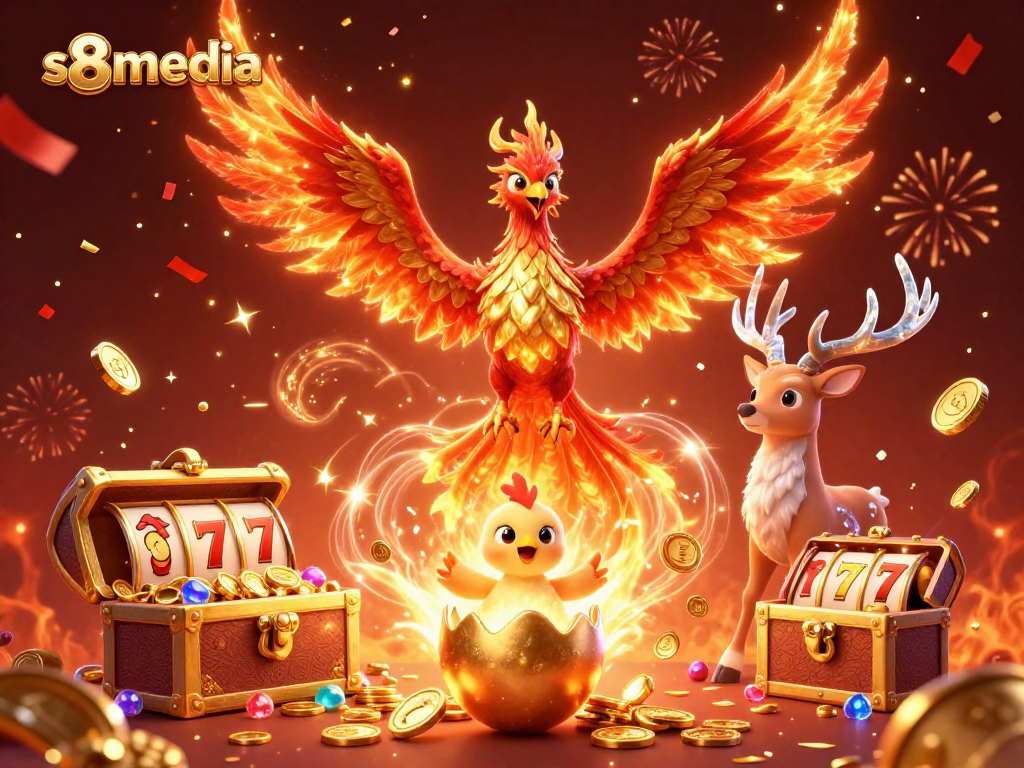 Engage with winning strategies in slots at s8media with a captivating phoenix and vibrant casino elements.