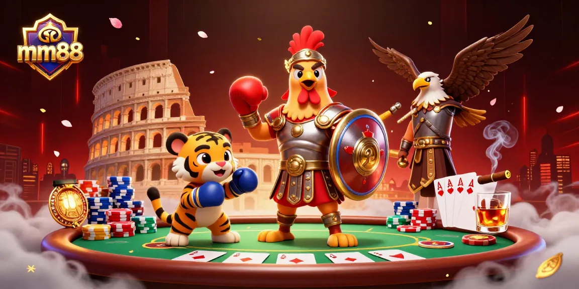 Experience thrilling games at mm88 with a 3D gladiator rooster character amidst poker elements, enhancing your winning strategy.