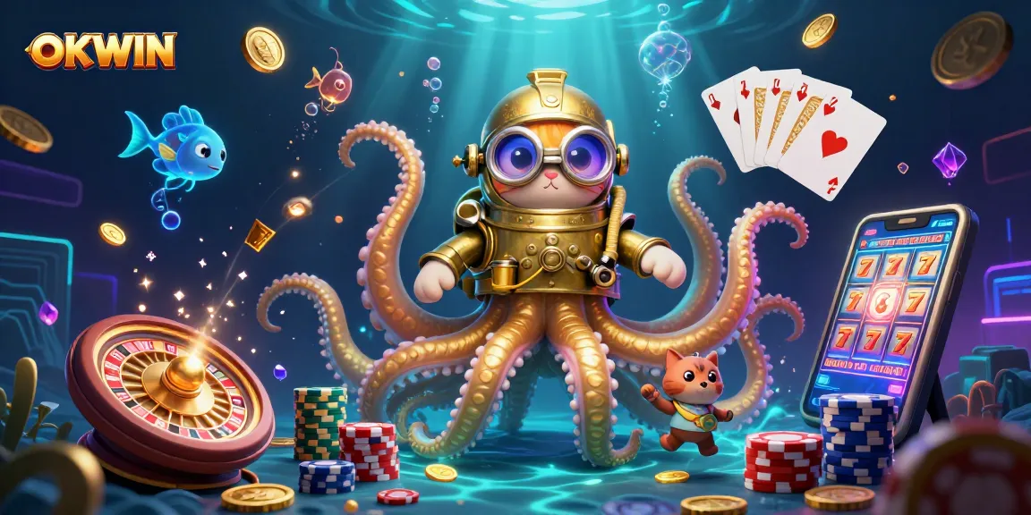 Spin to win at OKWIN with an exciting scene featuring a kraken, diving cat, and dynamic casino elements.