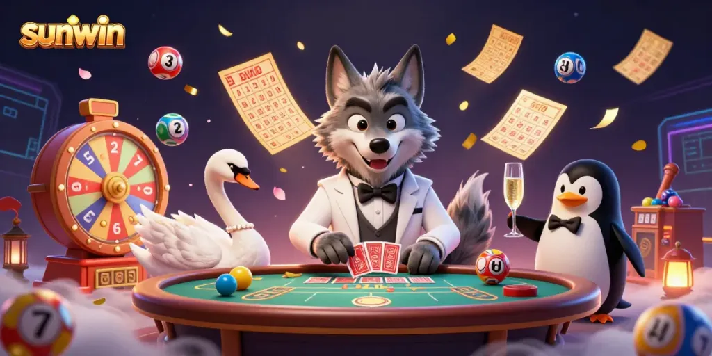 Experience the thrill of sunwin's vibrant casino atmosphere with a debonair wolf, swan dealer, and penguin sommelier.