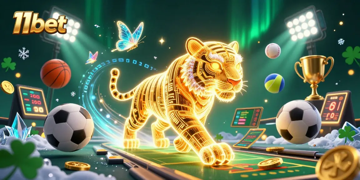 Engage with 11bet in a vibrant digital casino scene featuring a neon tiger and dynamic sports elements.