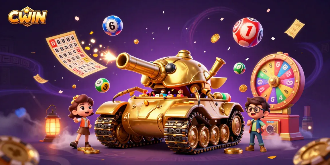 CWIN delivers an electrifying 3D casino experience showcasing a golden beetle tank revealing a lively casino scene amid colorful confetti and prize elements.