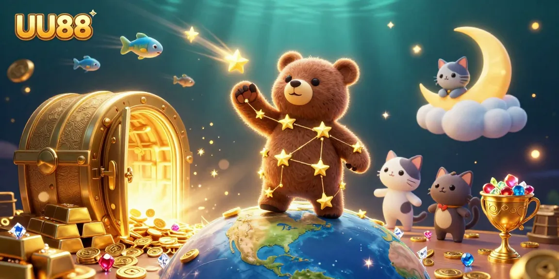 UU88 players scoop coins in a vibrant casino world filled with treasures and magical elements.