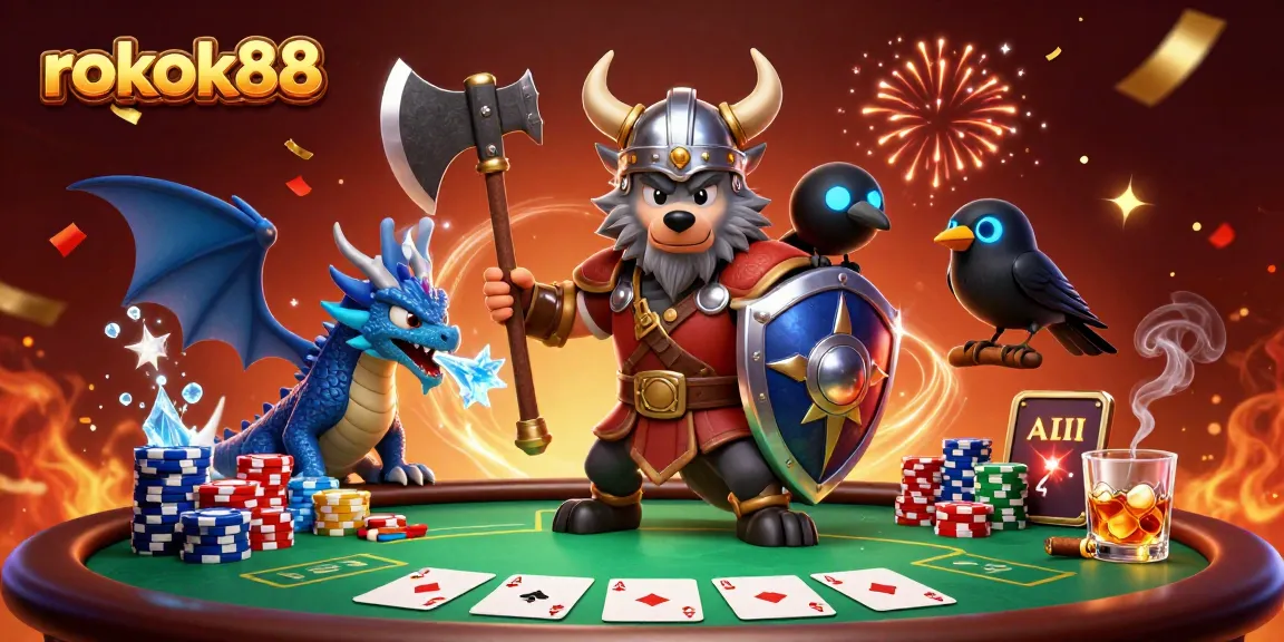 Engage with excitement at rokok88 with a vibrant casino scene featuring dragon and wolf warriors.