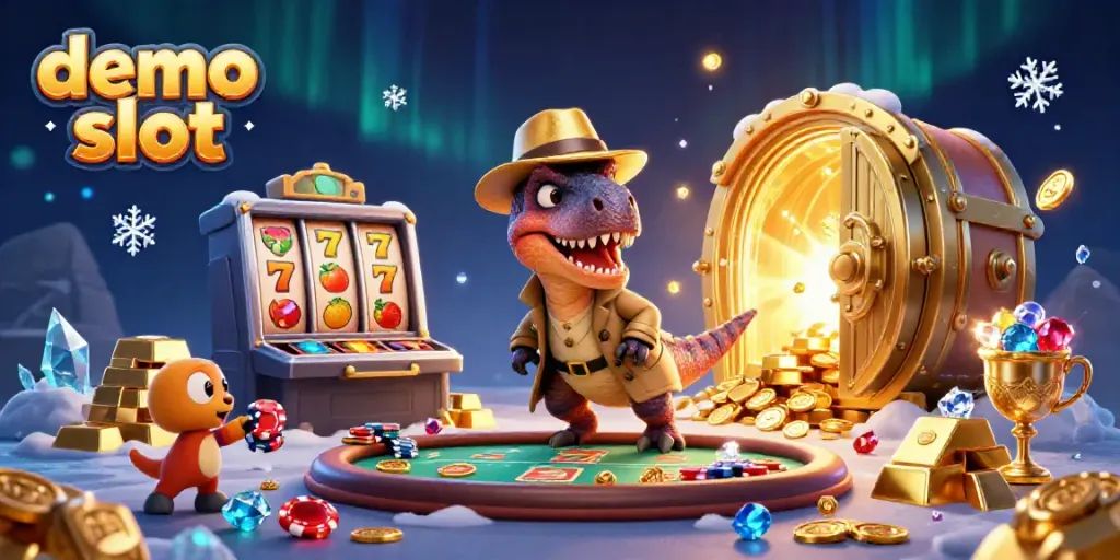 Memainkan demo slot dengan velociraptor, stegosaurus, dan kompi di meja blackjack dalam ilustrasi 3D yang kaya warna.