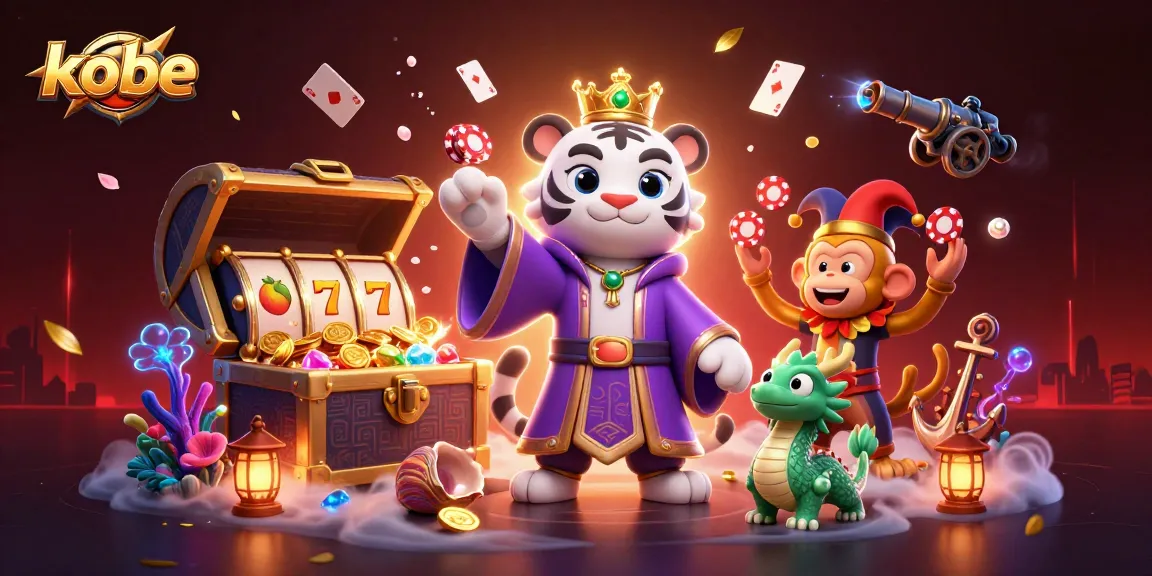 Kobe slot game illustration featuring a white tiger, a monkey juggling chips, and a jade dragon.