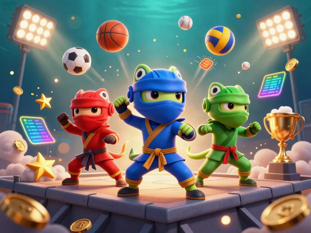 Watch the ZBET bet ninja chameleons showcase synchronized martial arts poses amidst dynamic sports action.