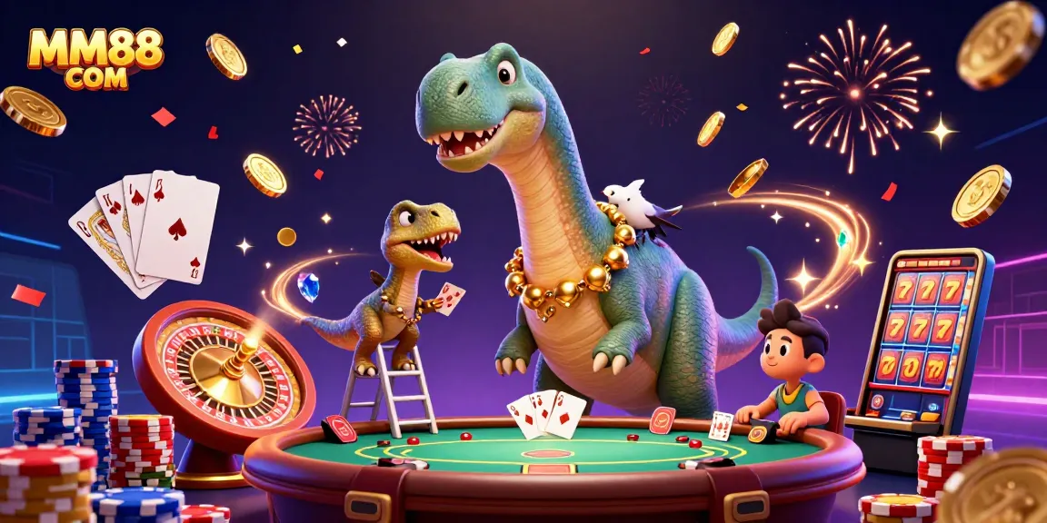Engage in the thrill of MM88 COM with a vibrant casino scene featuring lively characters and gaming elements.