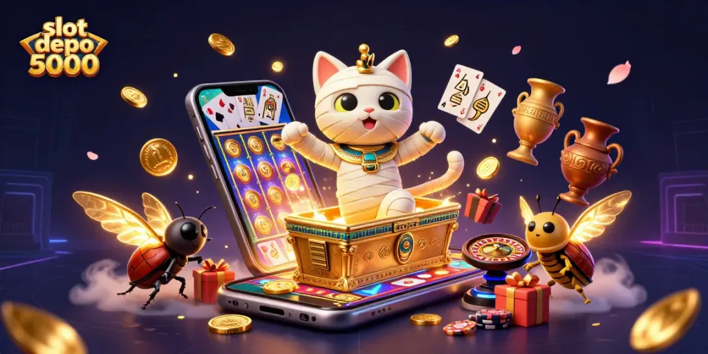 Spin to win with slot depo 5000: a mummy cat and scarab beetle amidst vibrant casino elements.