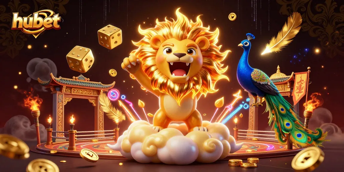 Engage with hubet's thrilling casino experience, featuring a roaring lion amidst dazzling gaming elements.