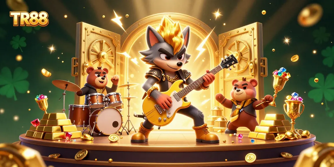 Experience the excitement of TR88 with a 3D cartoon rock star wolf shredding guitar amidst a treasure-filled casino.
