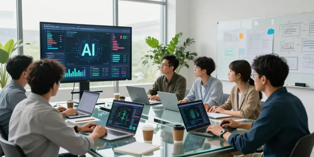 Diverse team collaborating on enterprise AI solutions in a vibrant tech workspace.