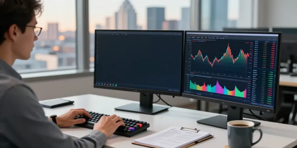 Trader analyzing financial data on TradingView charts in a modern office