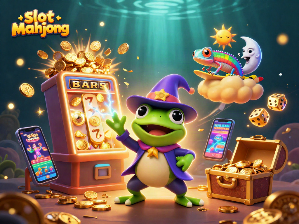 Experience slot mahjong excitement with a vibrant 3D illustration of a jackpot scene.