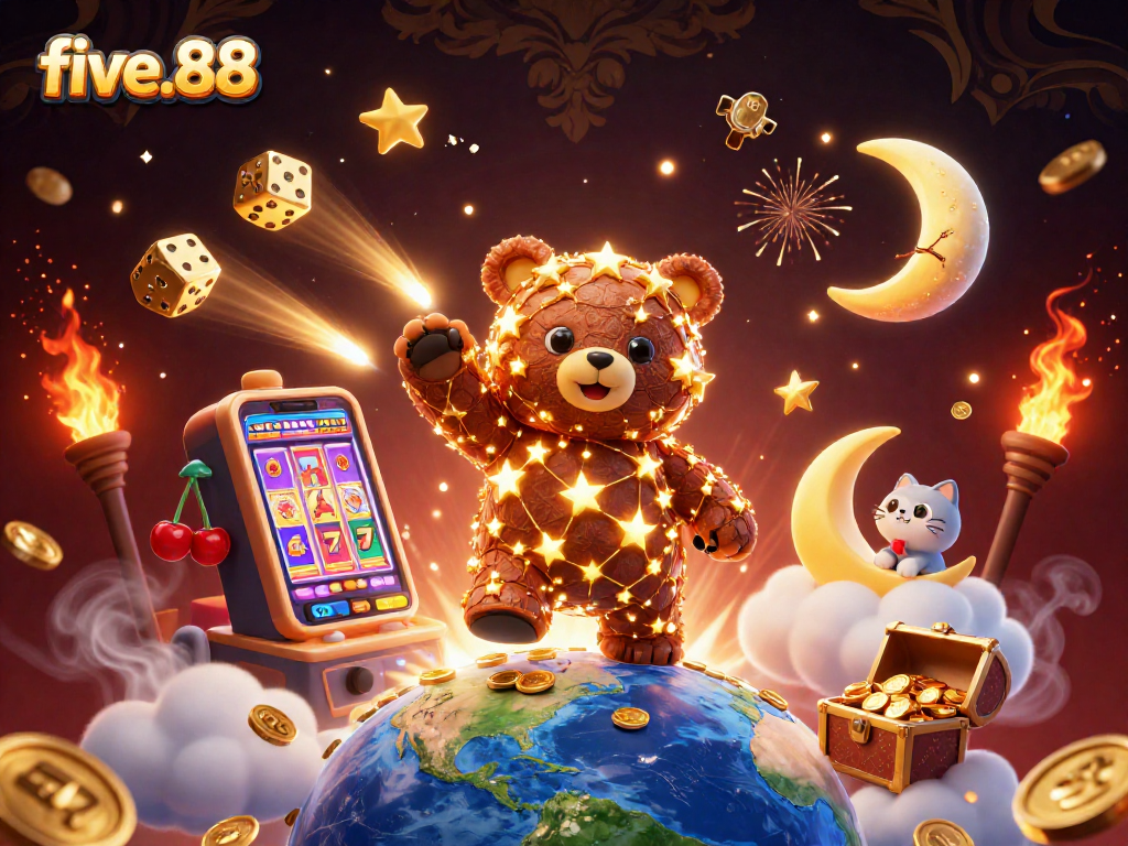 Experience thrilling wins with five.88's vibrant 3D illustration of golden stars and jackpot excitement.