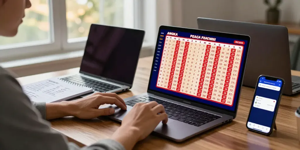 Engaged player analyzing togel online patterns with Angka Peacewall in a cozy home setting.