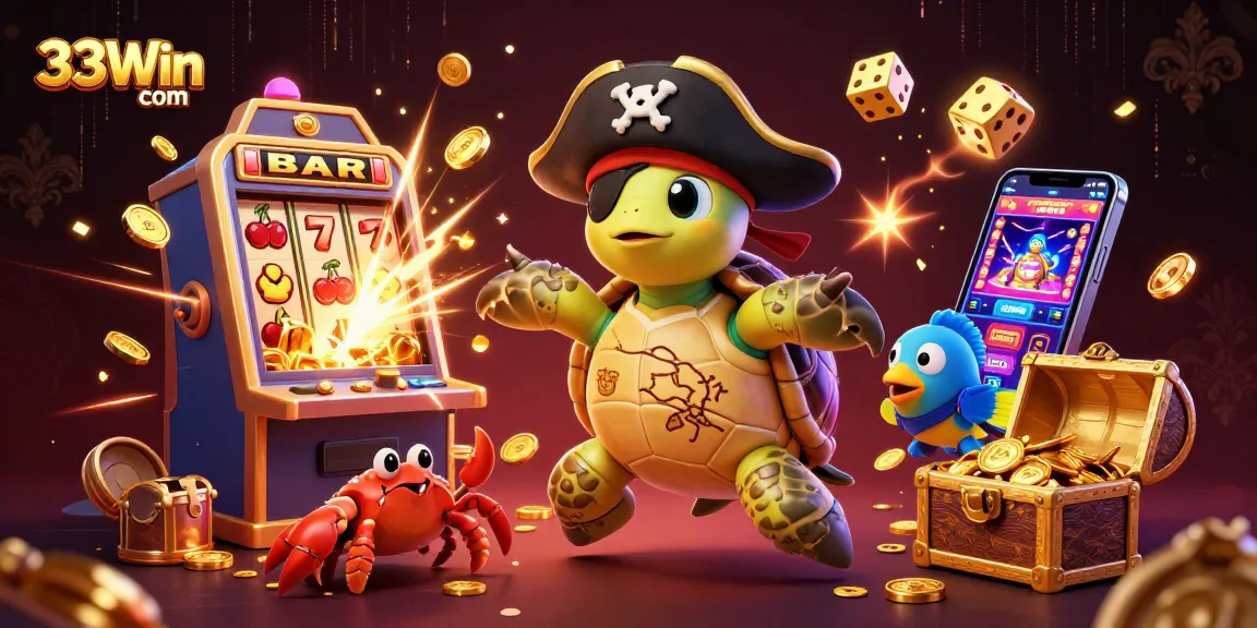 Experience the excitement of 33Win com slots with a vibrant scene featuring a pirate turtle!