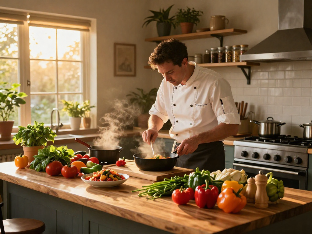 Chef preparing fresh dishes in cozy kitchen, highlighting food slot creativity and vibrant ingredients