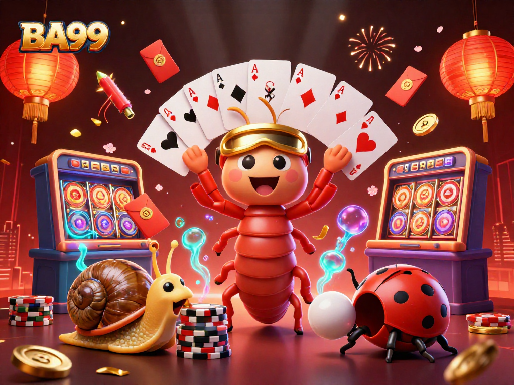 Experience the excitement of BA99 with a cartoon millipede dealer and vibrant casino elements.