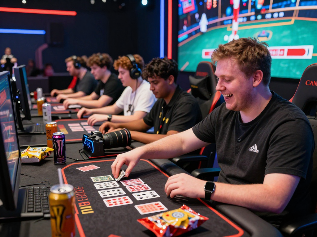 Gaming excitement peaks as players engage with link raja328 in a lively esports arena filled with energy drinks and high-tech gear.