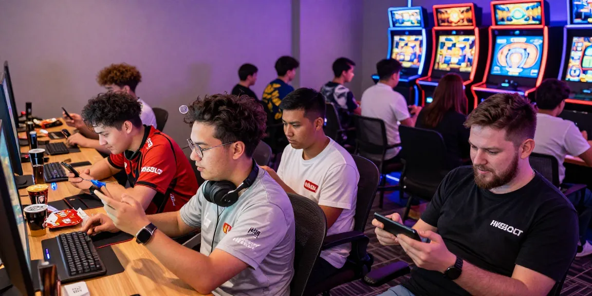 Exciting gaming competition at HWGSLOT in a vibrant lounge with players engaged on mobile devices.
