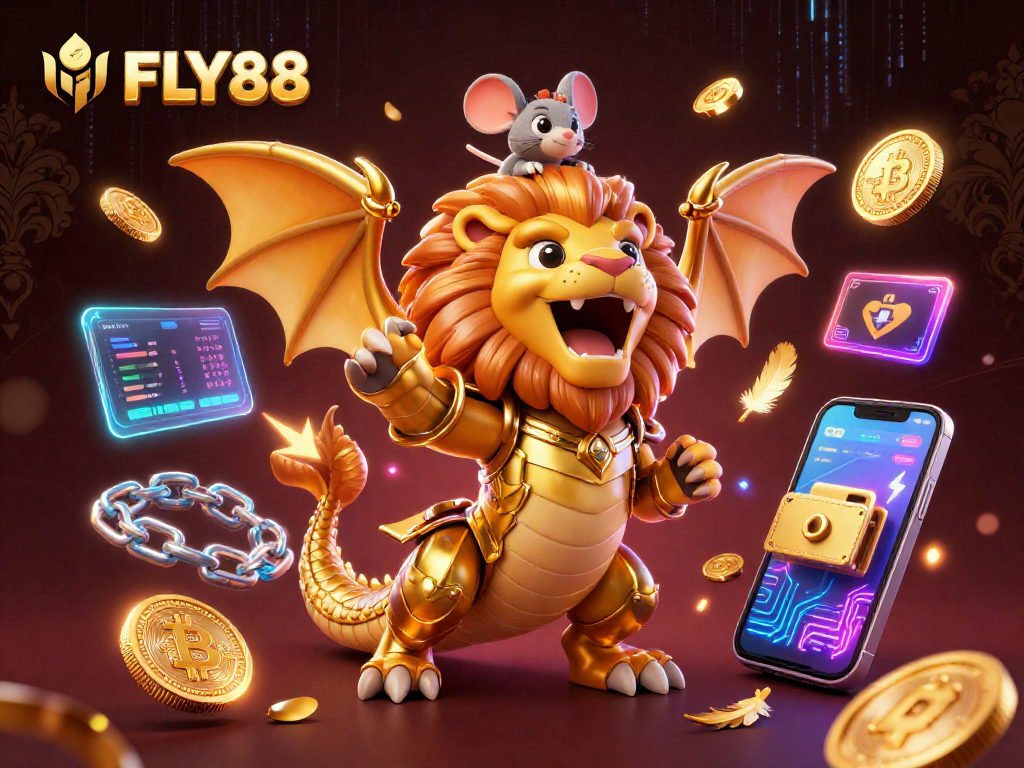 Join the excitement at FLY88 with a triumphant chimera and crypto elements showcasing vibrant casino culture.