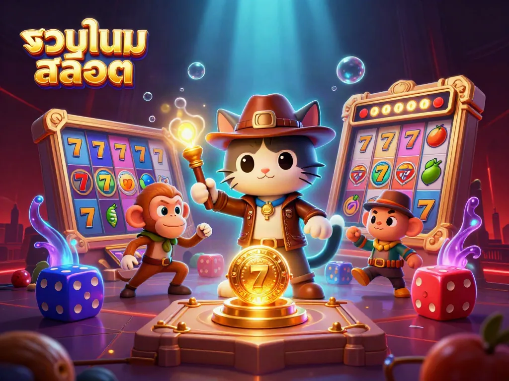 Experience the thrill of รวมเกมสล็อต with a vibrant, action-packed casino adventure featuring a cat explorer and monkey companion.