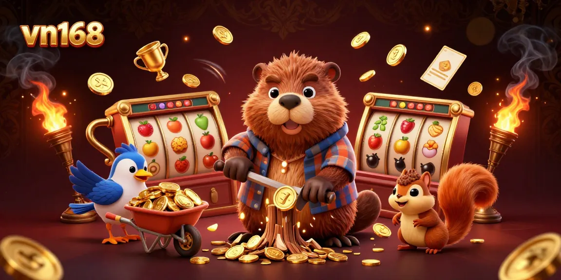 Experience thrilling gaming with vn168 as a 3D cartoon beaver chops a tree raining gold coins, amid exciting casino elements.