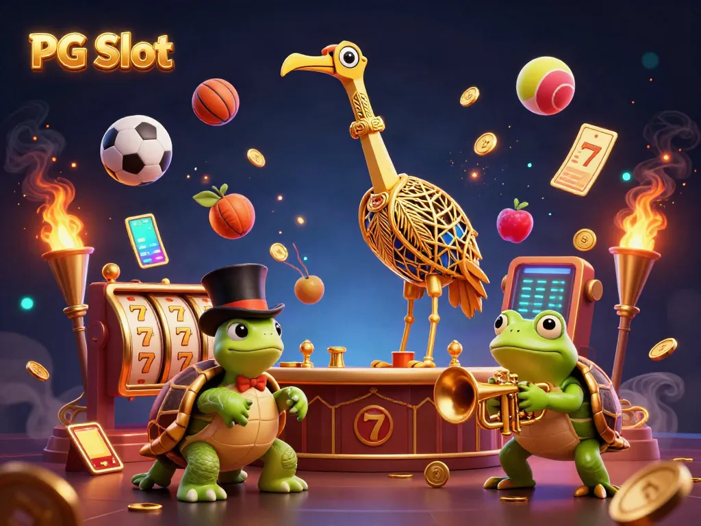 Experience the excitement of PG Slot through a vibrant 3D illustration full of gaming elements and lively characters.