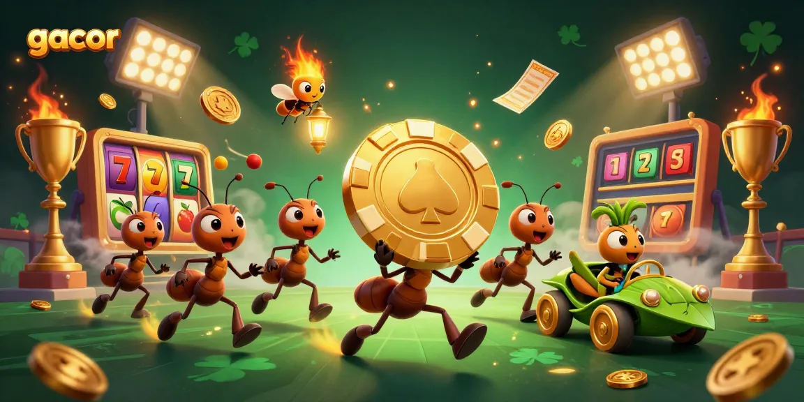 Engage with gacor slots while ants launch a heist for a giant poker chip among vibrant casino elements.