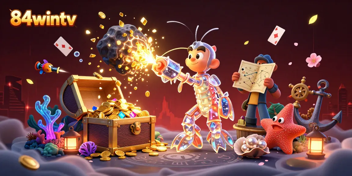 Engage in thrilling gameplay at 84wintv with gems and coins cascading around a dynamic cartoon scene.